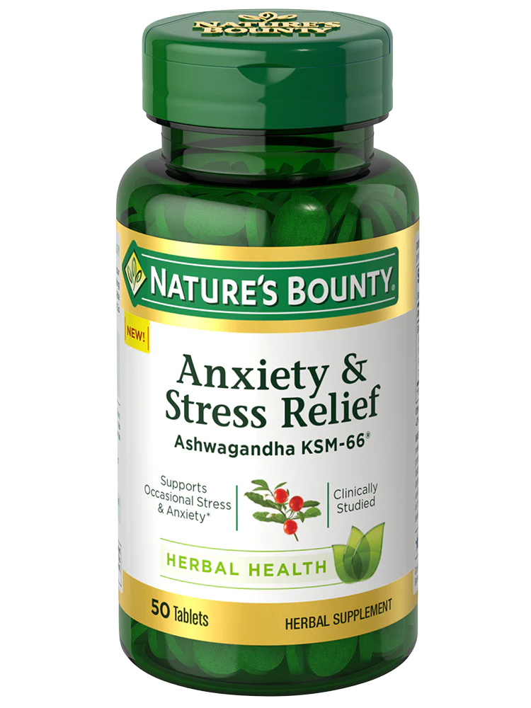 Nature’s Bounty Anxiety and Stress Relief Supplement with Ashwagandha & L-Theanine – 50 Capsules