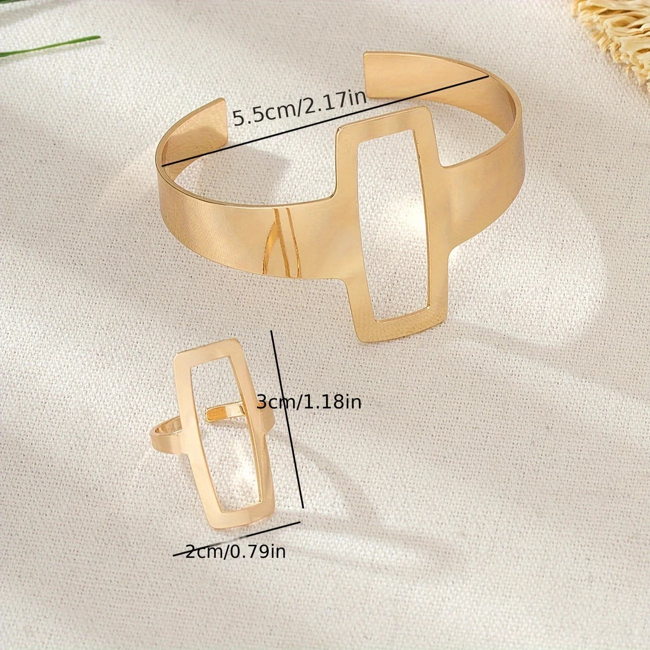 1 Set Of Fashionable Simple Geometric Square Hollow Out Open Bangle & Ring