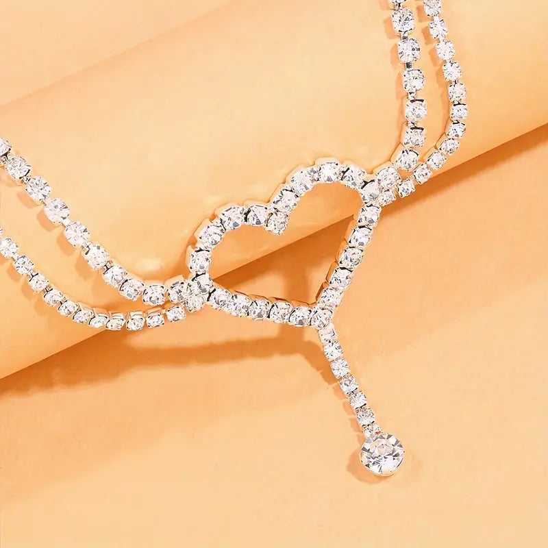Elegant Double Layer Anklet - Intricate Hollow Love Heart with Shimmering Rhinestones
