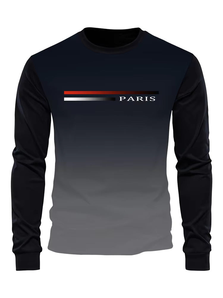 Paris Letter Print Men's Long Sleeve Crewneck T-Shirt - Casual Knitted