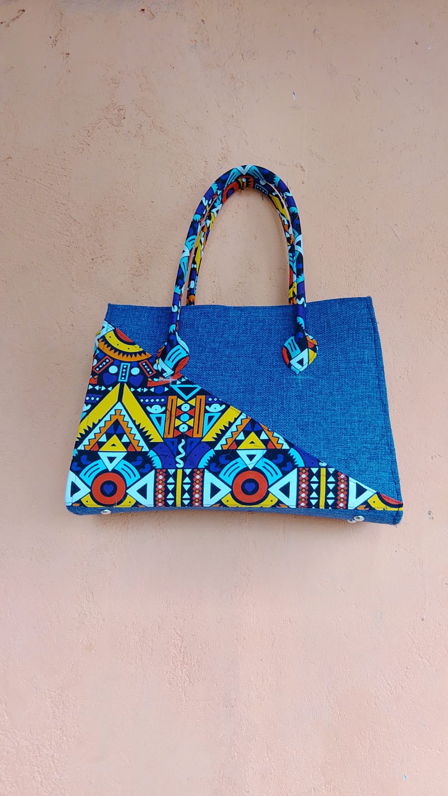 Vibrant Geometric Print Handcrafted Tote Bag – Blue Ethnic Pattern Shoulder Bag
