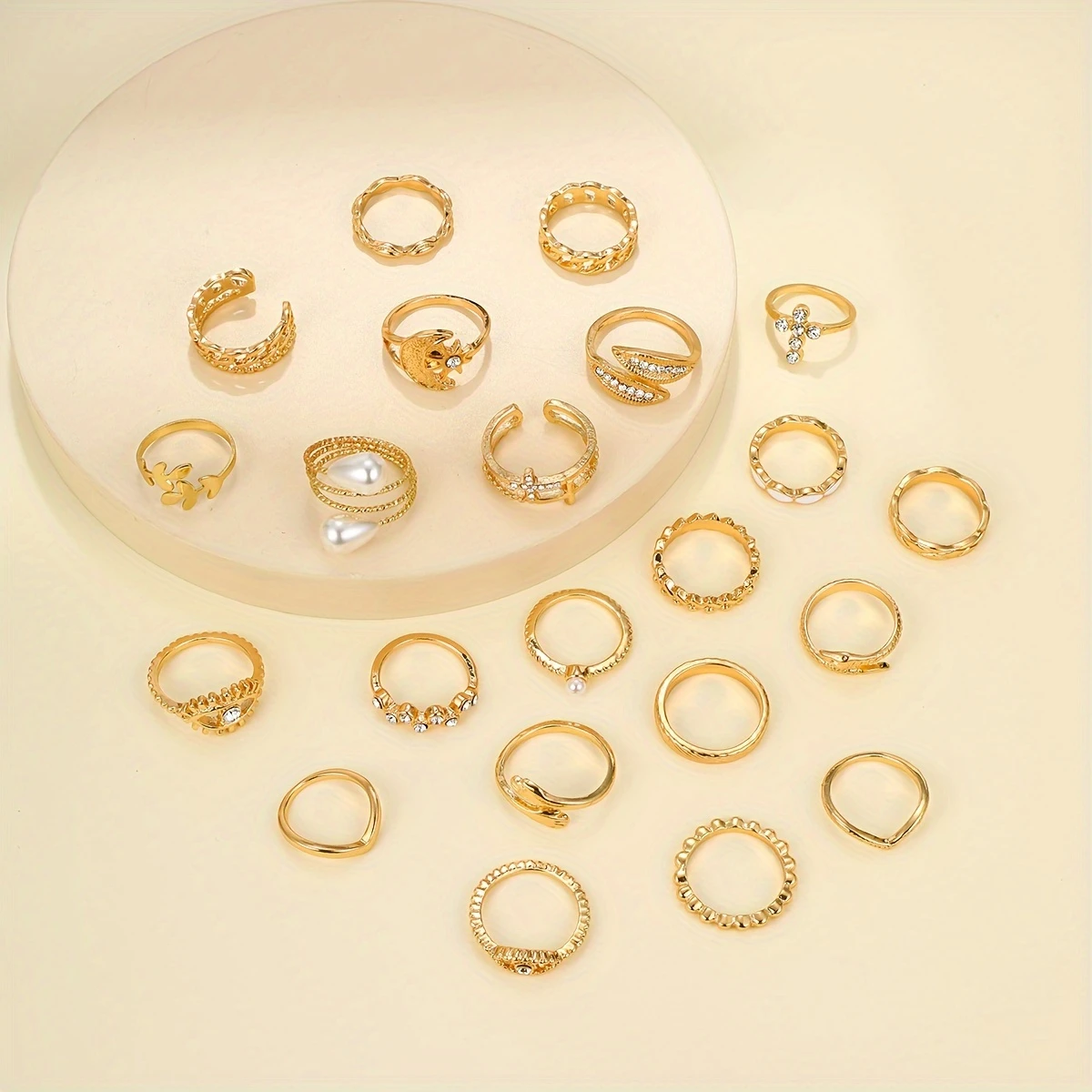 22pcs Vintage Ring Set Embrace/ Evil Eye/ Chain/ Moon & Sun Design Mix And Match For Daily Outfits Party Accessories