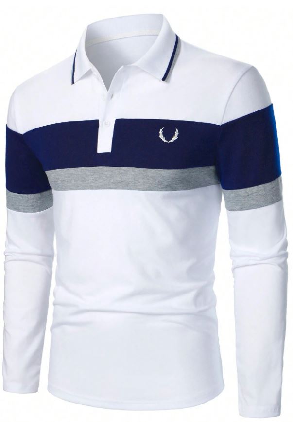 Manfinity Bizformal Men's Classic Blue, White, And Grey Color-Block Striped Long Sleeve Polo Shirt For Everyday Casual Wear