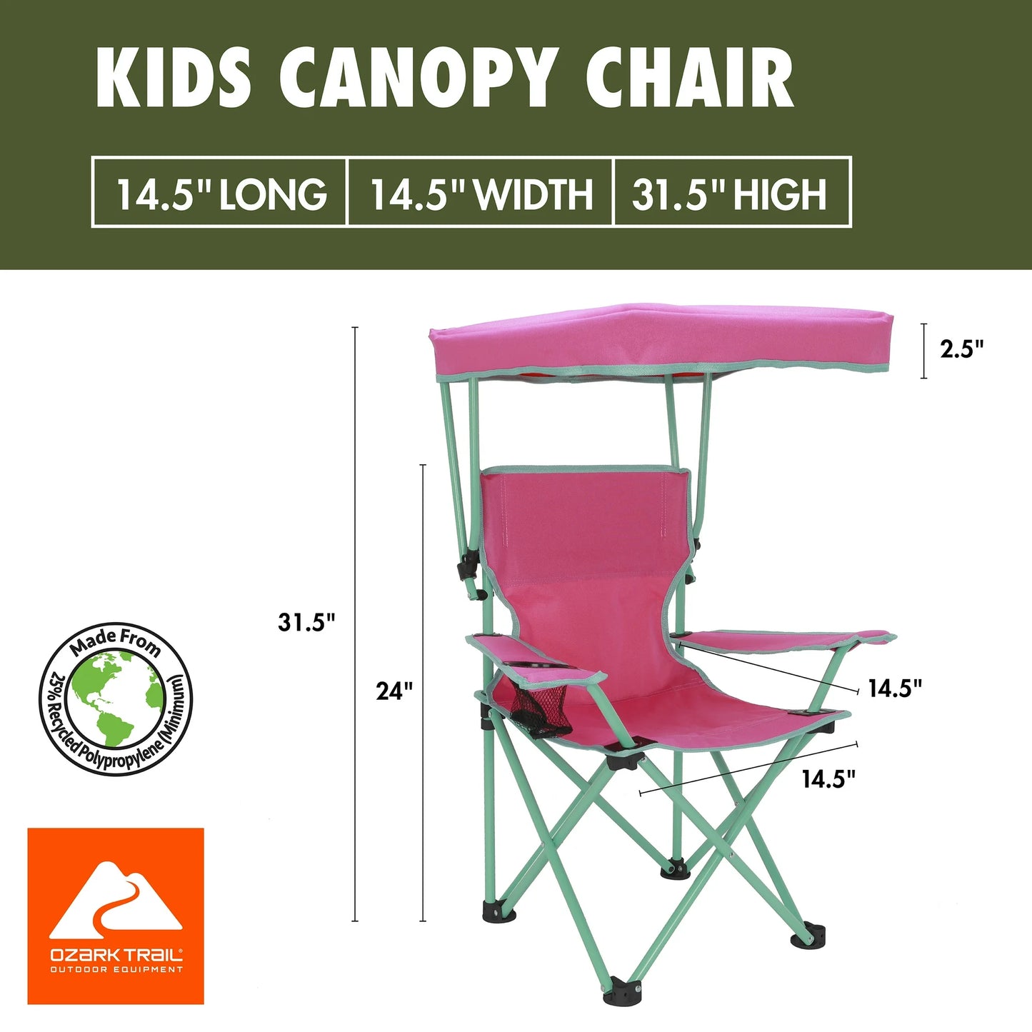 Ozark Trail Kids Canopy Chair with Safety Lock – 125 lb Capacity Pink