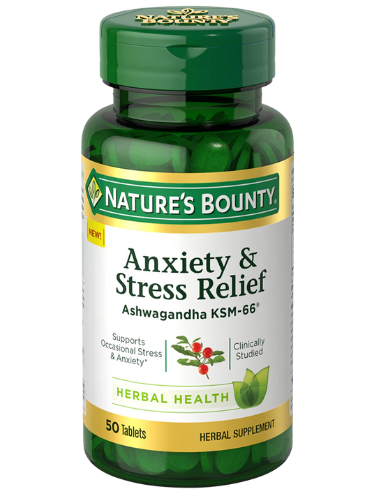 Nature’s Bounty Anxiety and Stress Relief Supplement with Ashwagandha & L-Theanine – 50 Capsules