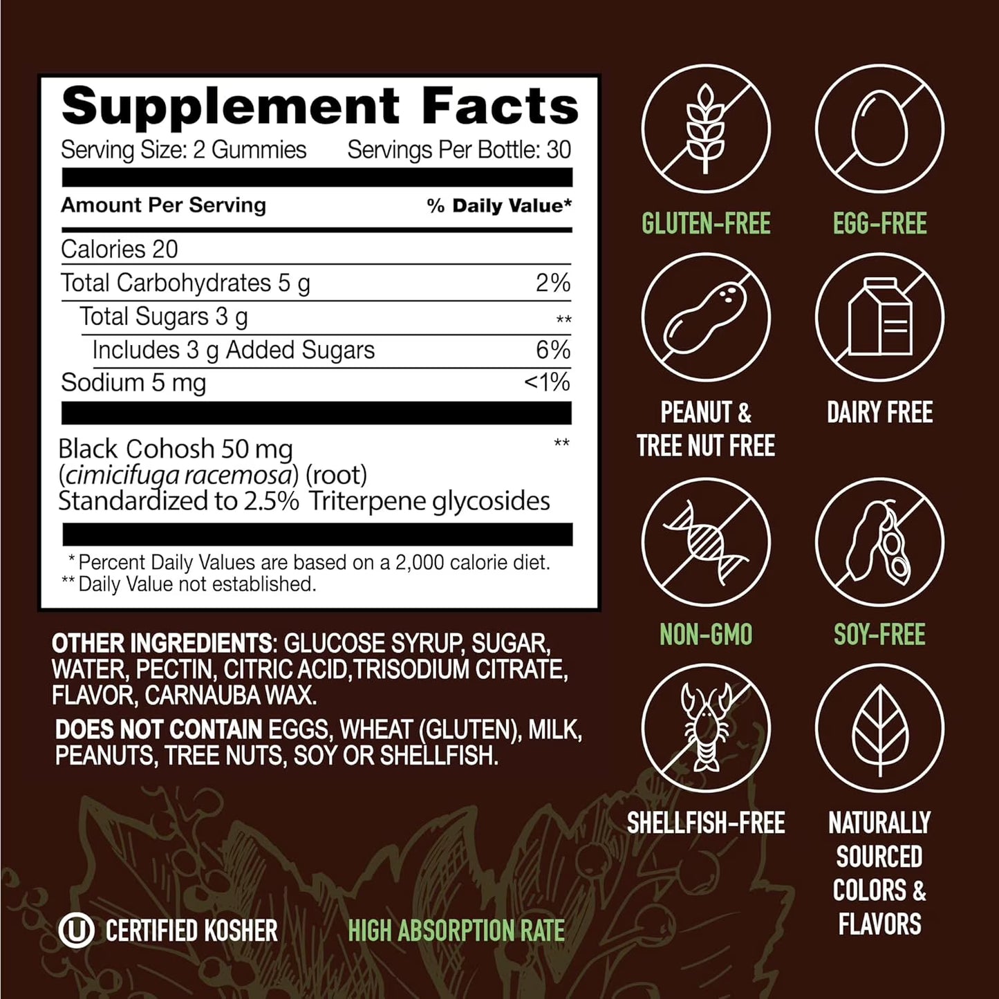 YUM-V’s Strong Earth Black Cohosh Root Gummies 50 mg – Menopause Relief & Hormone Balance for Women, 60 Count