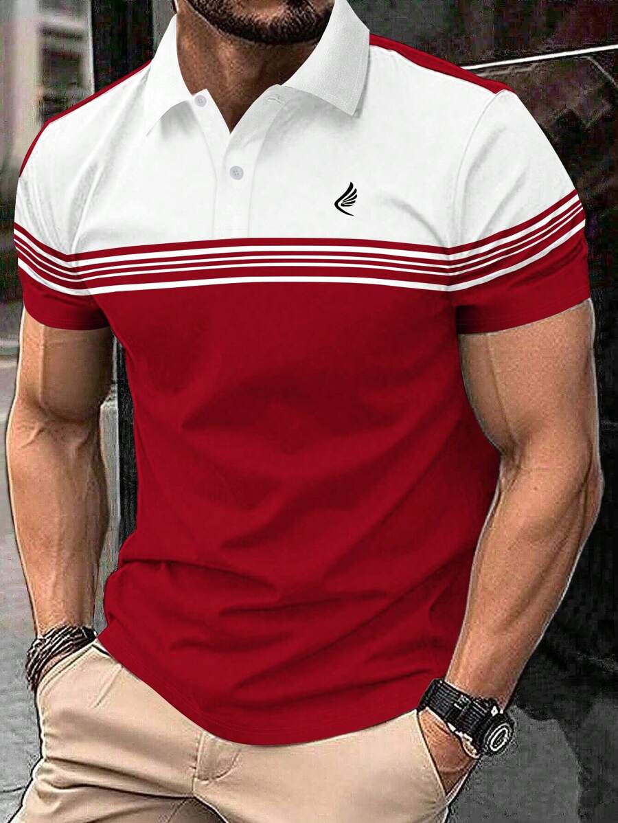 Manfinity Homme Men Striped Short Sleeve Casual Commuting Polo Shirt Summer Color Block Dark Red Urban Polo Shirt