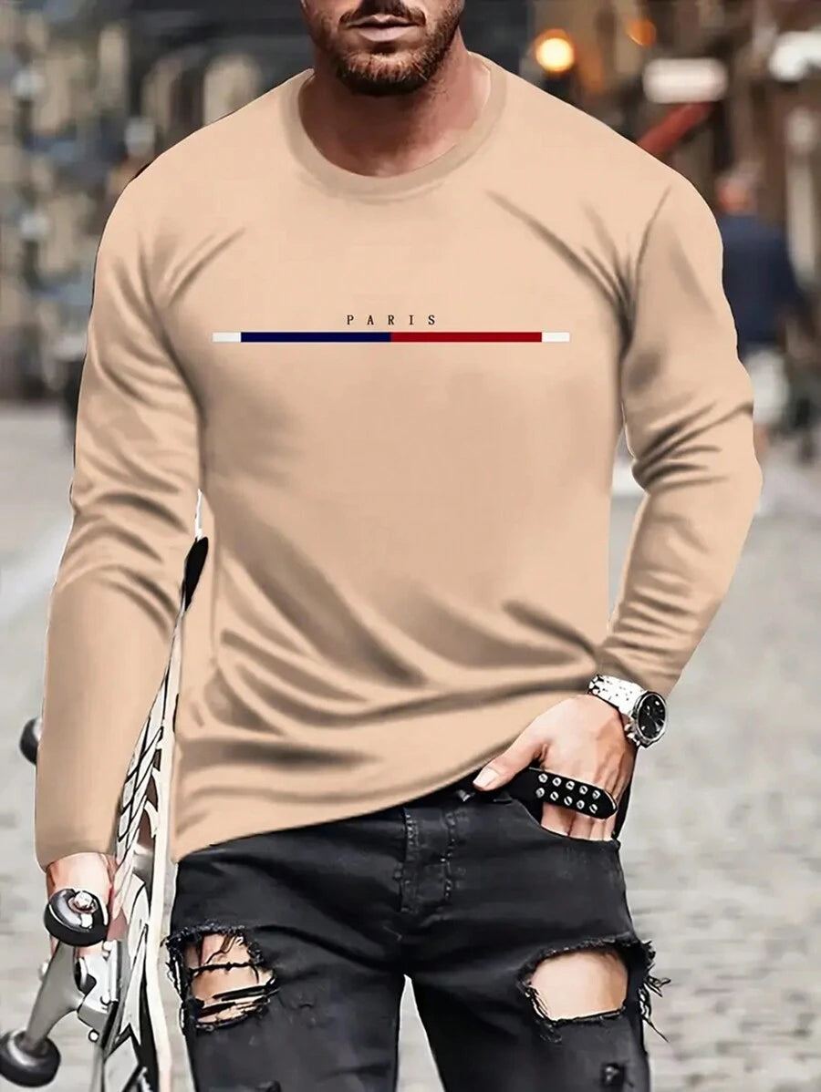 Men's Fashion 3D Cool Wave & Letter Print Long Sleeve T-Shirt, Casual Sport Comfort Crew Neck Top, Casual Style Spring Stylish Tee