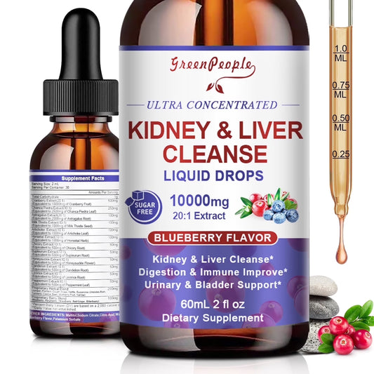 27-in-1 Kidney & Liver Support Liquid Drops – 20:1 Cranberry Extract, Blueberry Flavor, Non-GMO, 60 ml