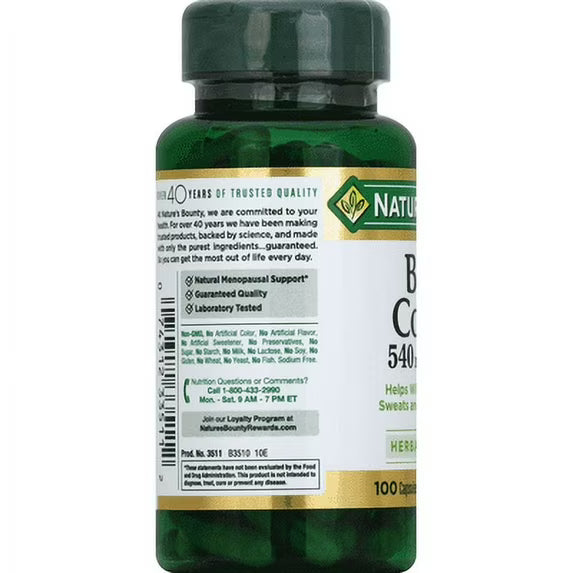 Nature’s Bounty Black Cohosh 540 mg Capsules – Menopause Support Herbal Supplement, 100 Capsules