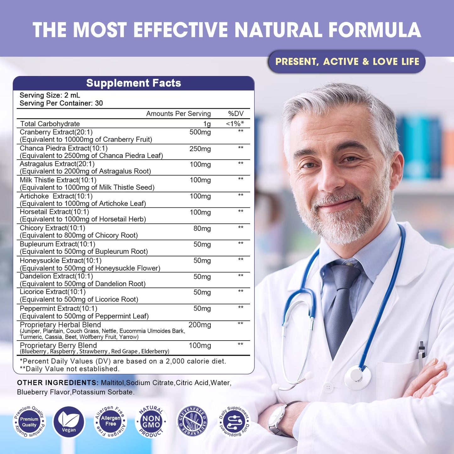 27-in-1 Kidney & Liver Support Liquid Drops – 20:1 Cranberry Extract, Blueberry Flavor, Non-GMO, 60 ml