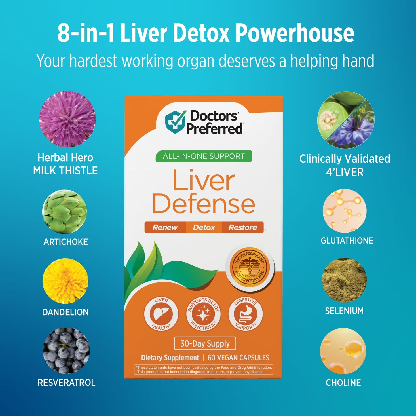 Doctors’ Preferred Liver Defense – Liver Health & Detox Support with Milk Thistle, Antioxidants & Botanical Blend, 60 Vegan Capsules