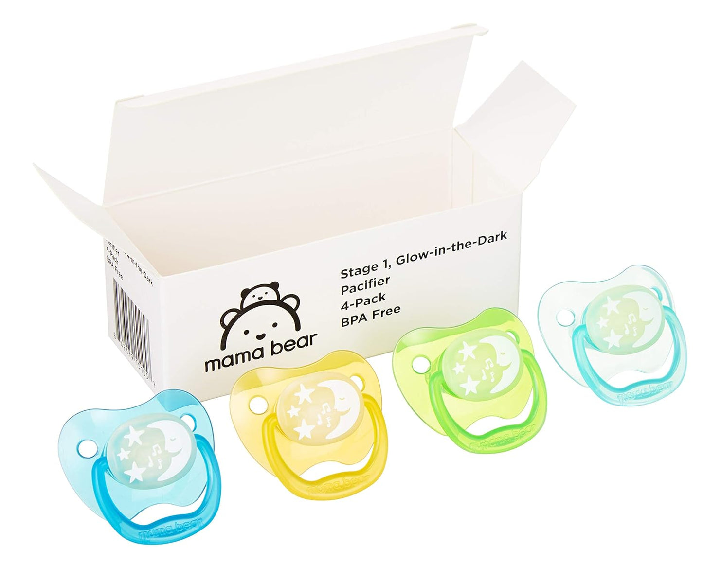 Mama Bear Glow-in-the-Dark Baby Pacifier, Stage 1 (0-6M), BPA Free, Assorted Colors (Pack of 4)