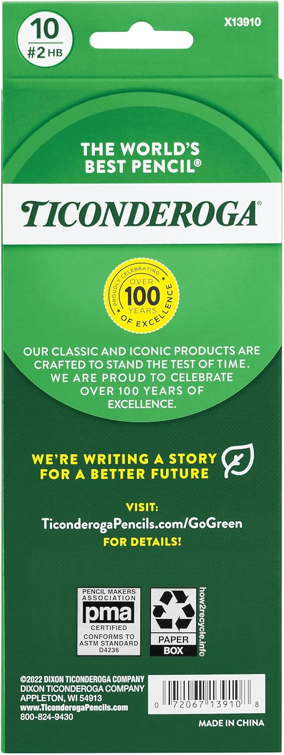 Ticonderoga X13910 Striped Wood-Cased Pencils, 2 HB Soft, Pre-Sharpened – 10 Count, Assorted Colors