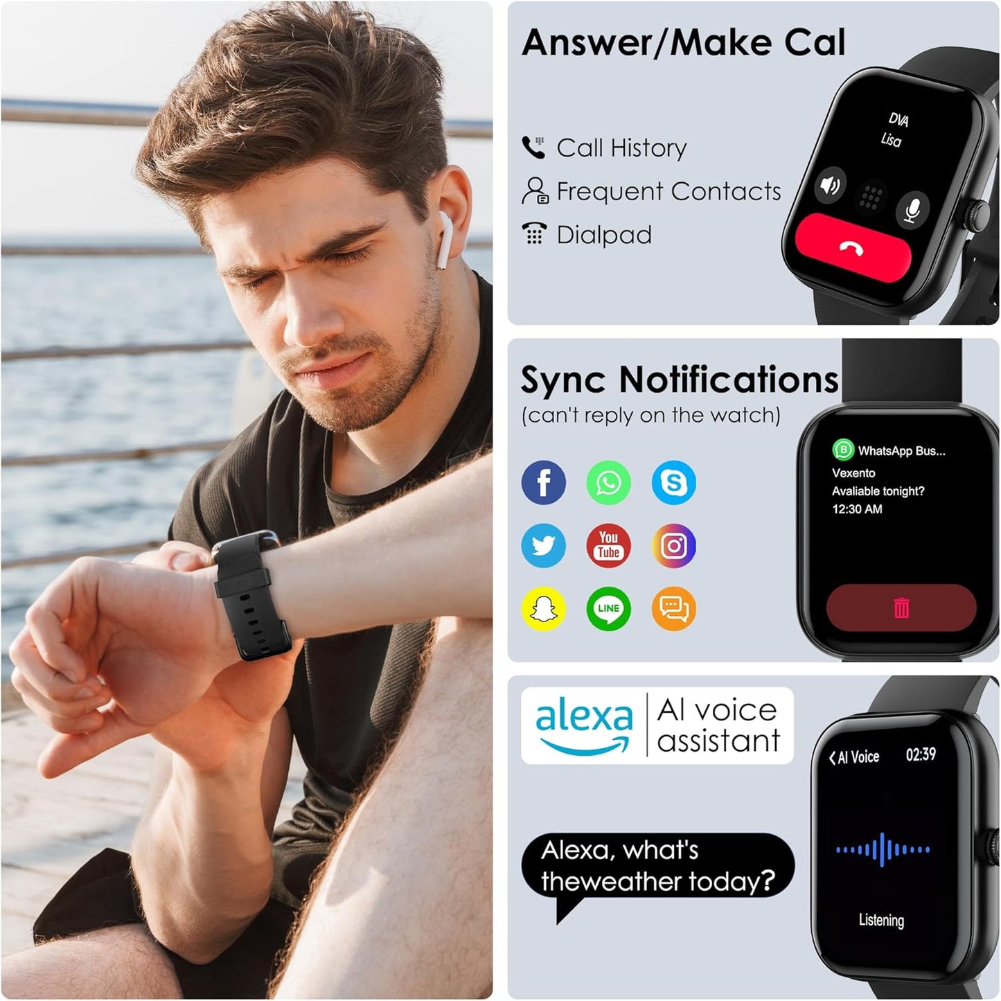 Smart Watch for Men & Women – 1.91" Touchscreen, Bluetooth Calling, 100+ Sports Modes, Heart Rate, SpO2 & Sleep Monitor, IP68 Waterproof, Alexa Built-In