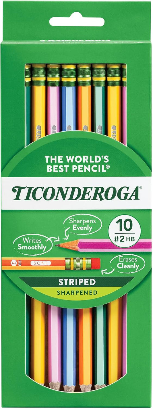 Ticonderoga X13910 Striped Wood-Cased Pencils, 2 HB Soft, Pre-Sharpened – 10 Count, Assorted Colors