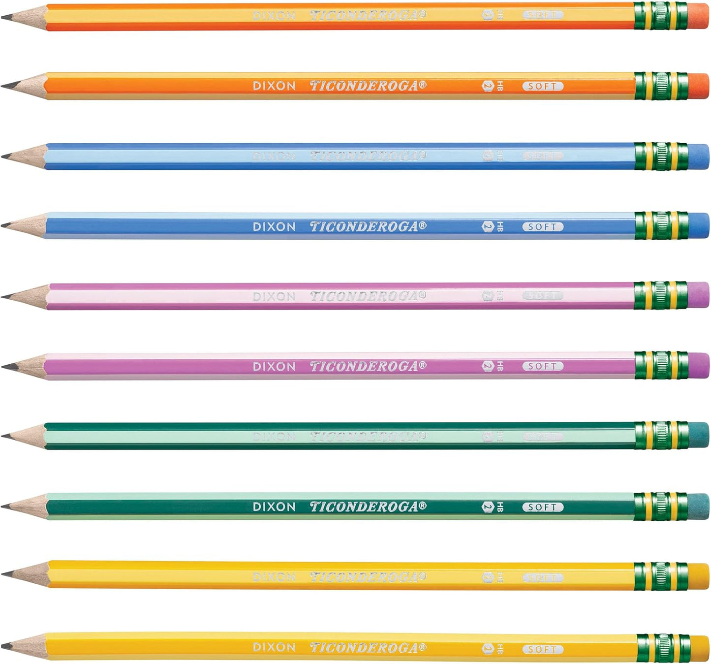 Ticonderoga X13910 Striped Wood-Cased Pencils, 2 HB Soft, Pre-Sharpened – 10 Count, Assorted Colors