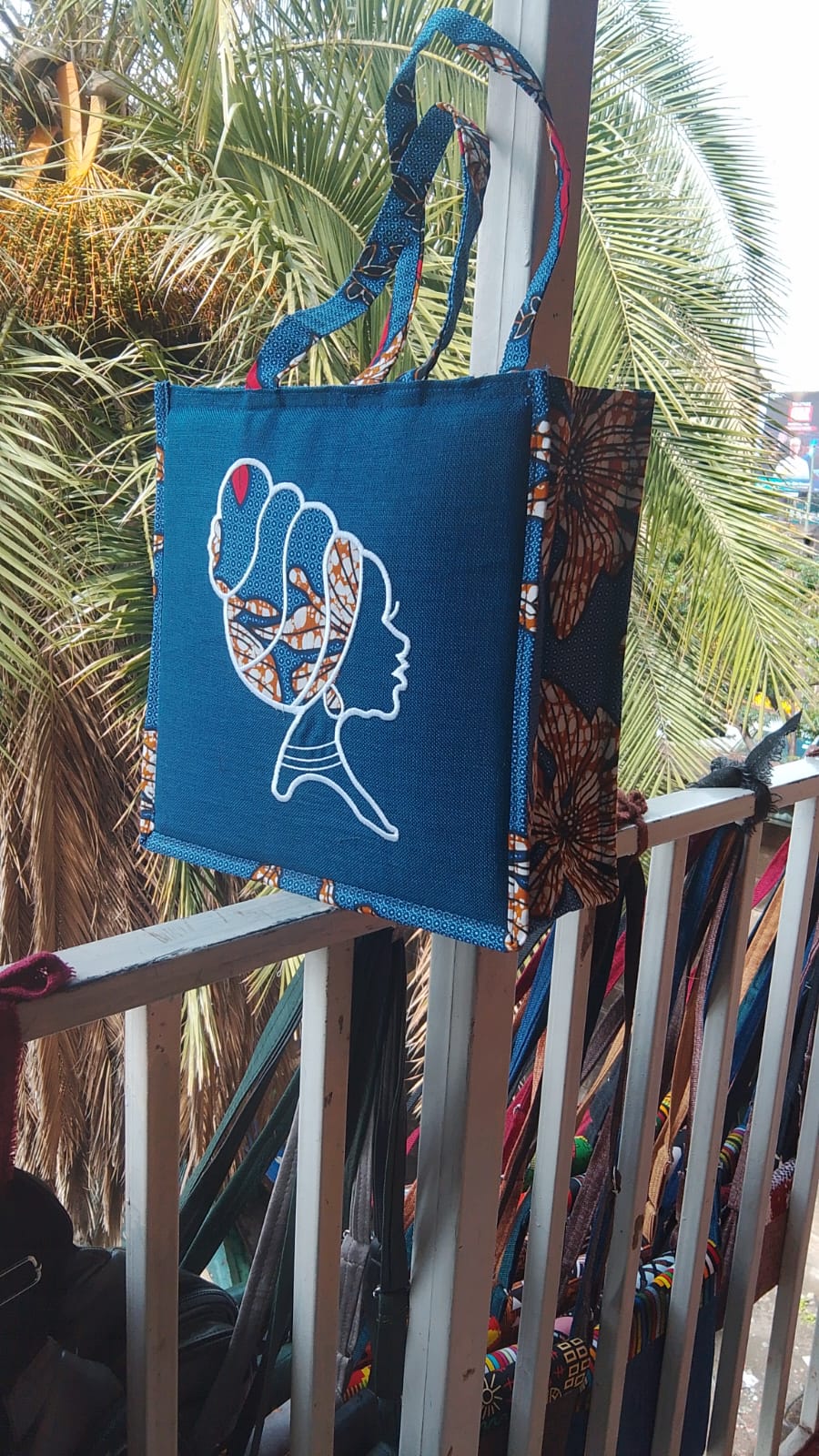 African Print Blue Jute Tote Bag – Elegant Lady Silhouette Design