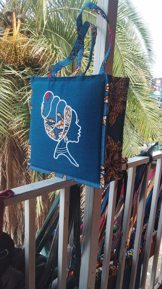 African Print Blue Jute Tote Bag – Elegant Lady Silhouette Design