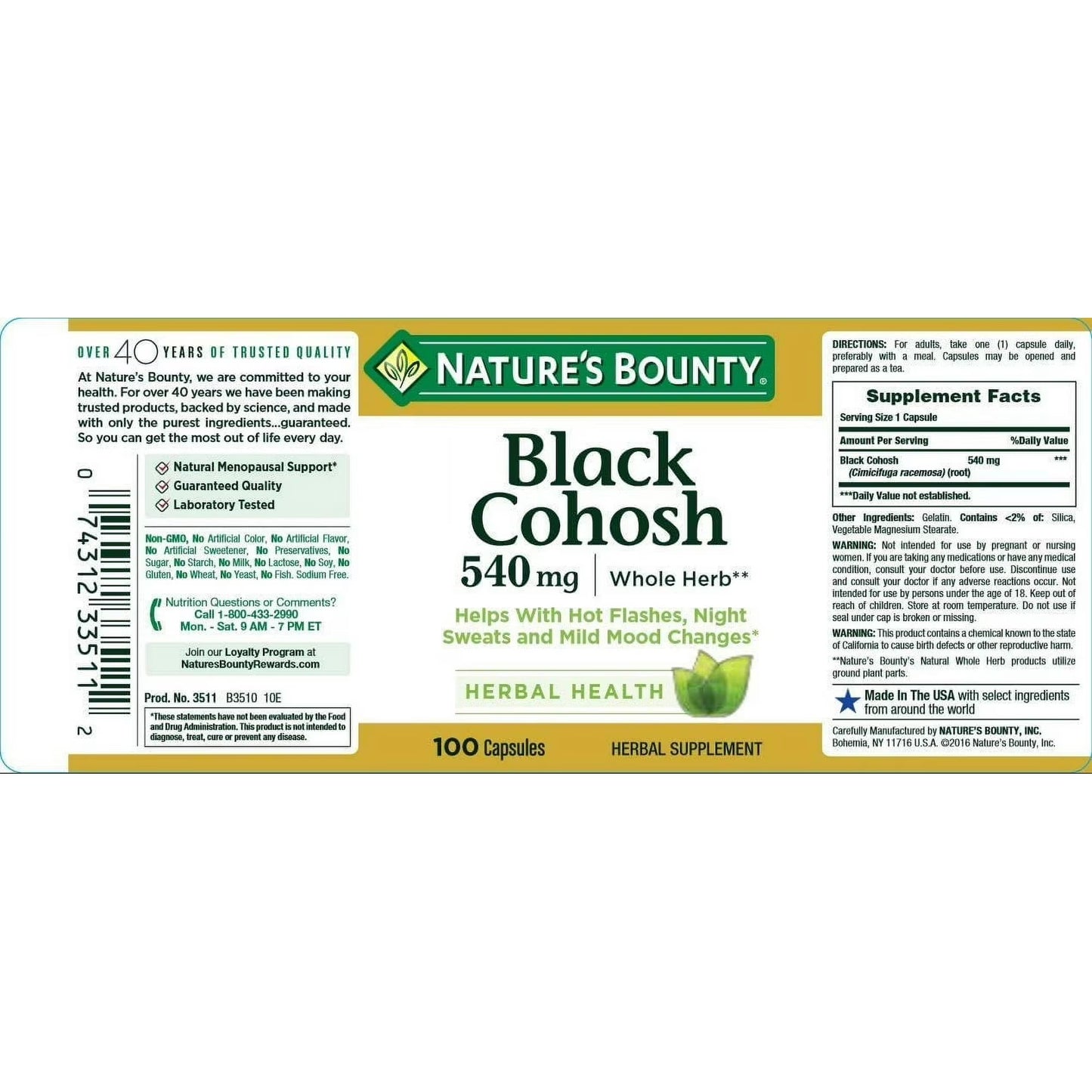 Nature’s Bounty Black Cohosh 540 mg Capsules – Menopause Support Herbal Supplement, 100 Capsules