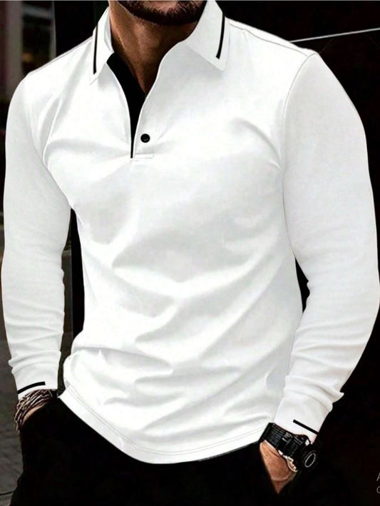 Casual Men's Contrast Trim Quarter Button Collar Long Sleeve Polo Shirt, Suitable For Spring & Autumn, For Golf