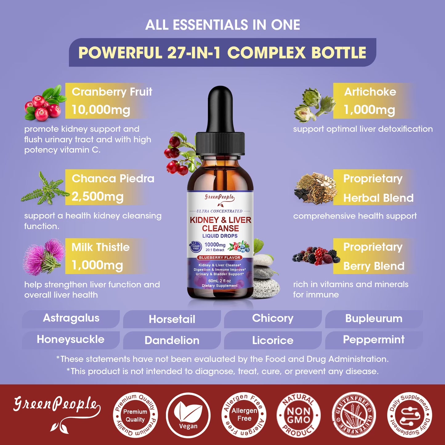 27-in-1 Kidney & Liver Support Liquid Drops – 20:1 Cranberry Extract, Blueberry Flavor, Non-GMO, 60 ml