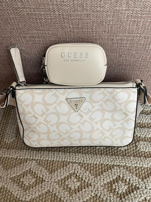 Guess Los Angeles Monogram Crossbody Bag with Mini Pouch – Beige & White