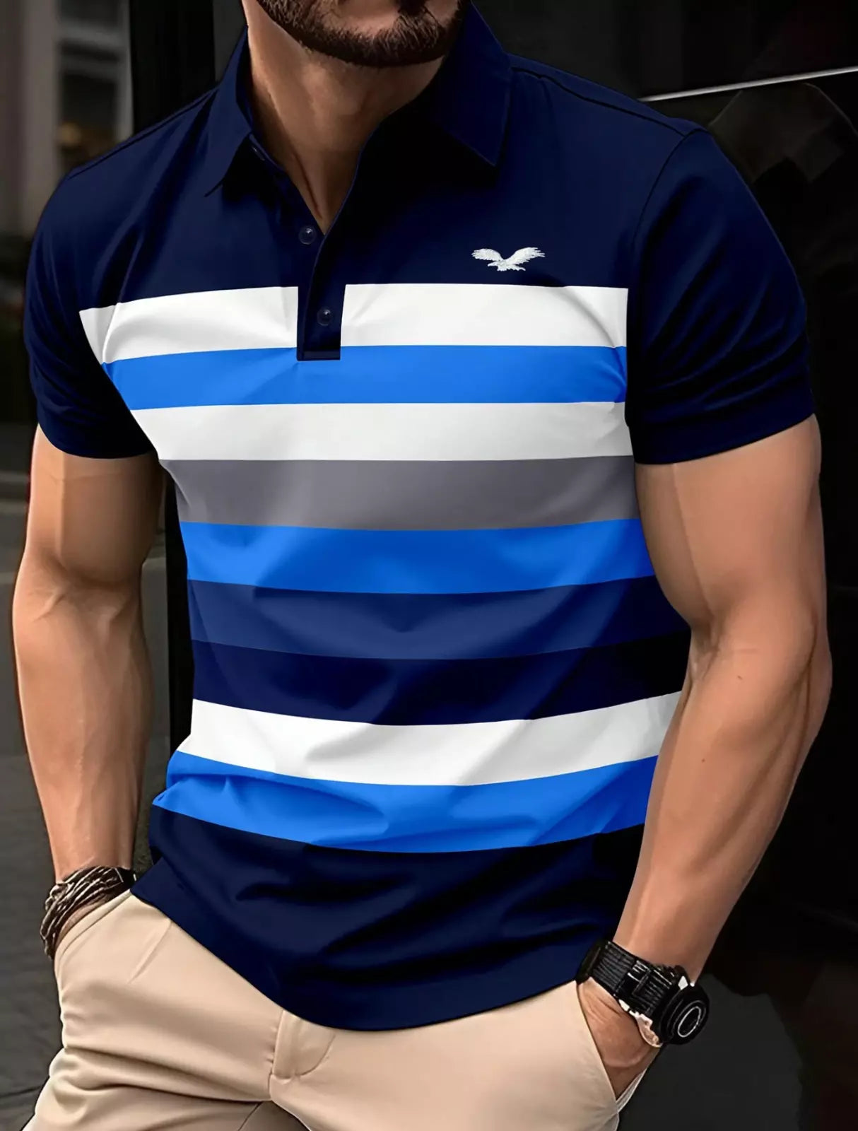Men's Color Block Striped Polo Shirt With Eagle Embroidery