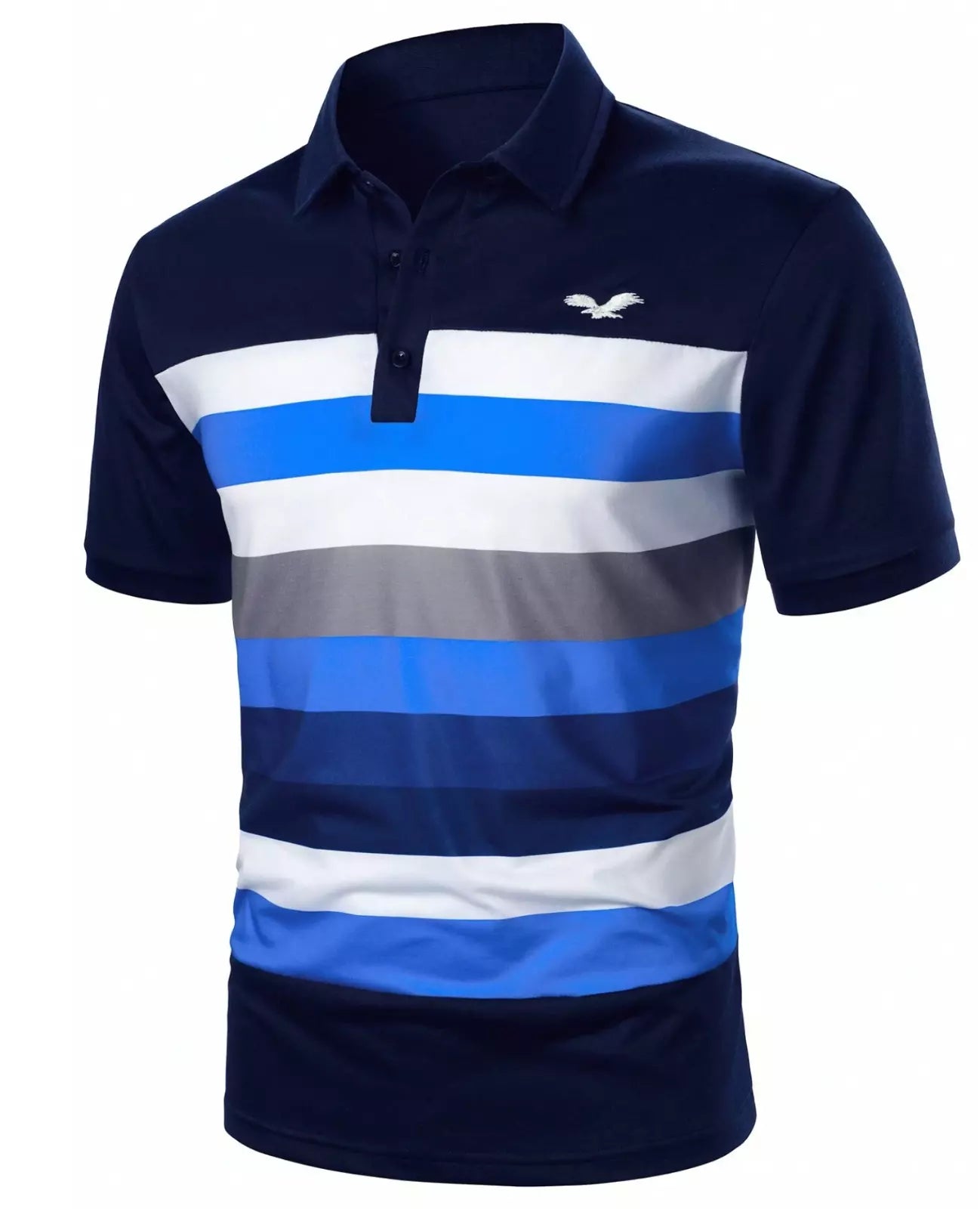 Men's Color Block Striped Polo Shirt With Eagle Embroidery